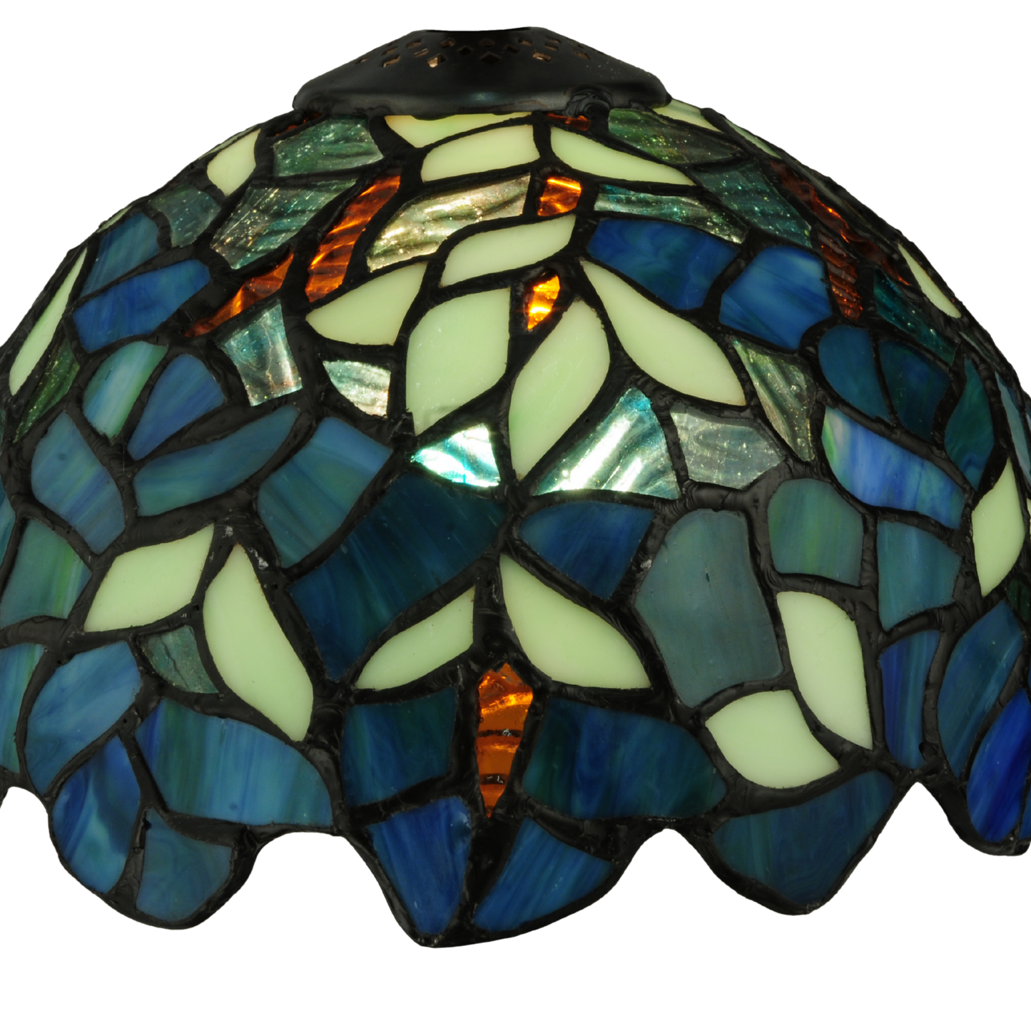 14 inch tiffany wisteria lamp nightfall. Close up of glass shade. 