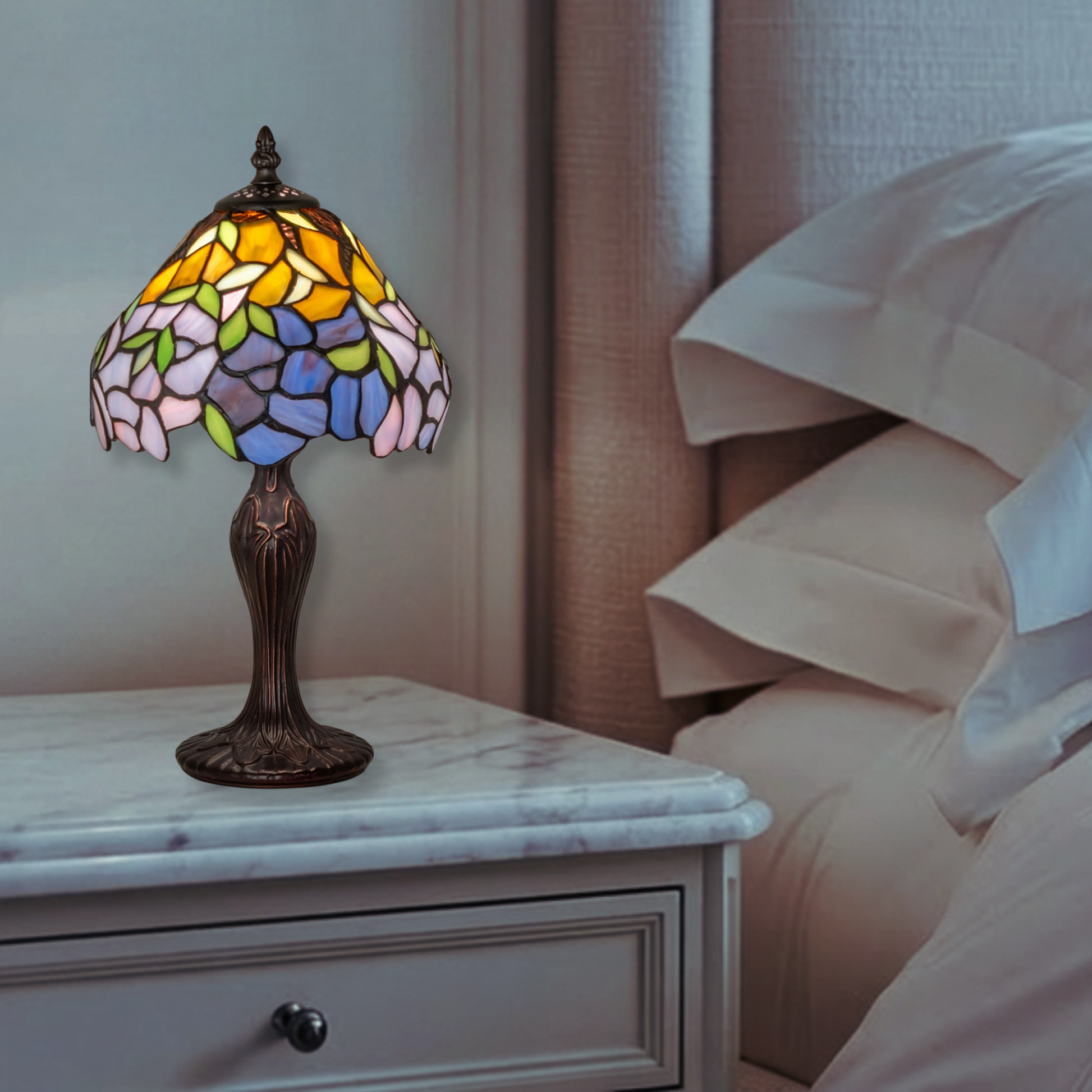 15-Inch Tiffany Floral Lamp High Duffner & Kimberly Laburnum Mini in bedroom setting