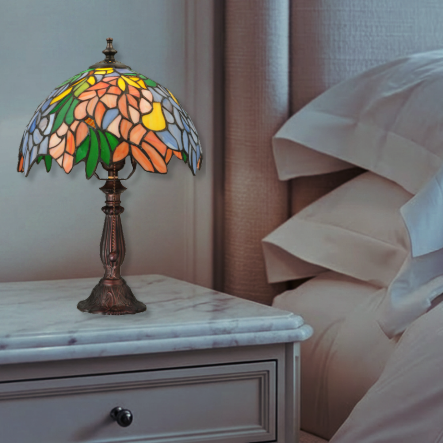 15-inch Tiffany Flower Lamp Laburnum Accent by Meyda Tiffany bedroom setting
