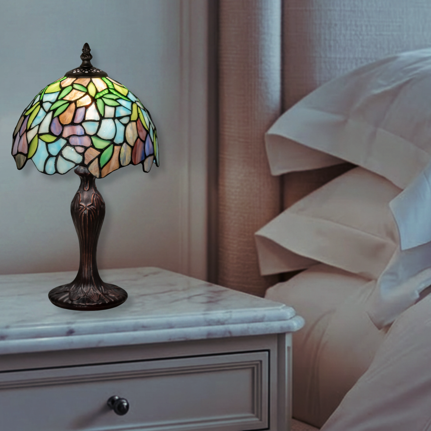 15-inch Tiffany Wisteria Lamp Mini by Meyda on bedroom night stand