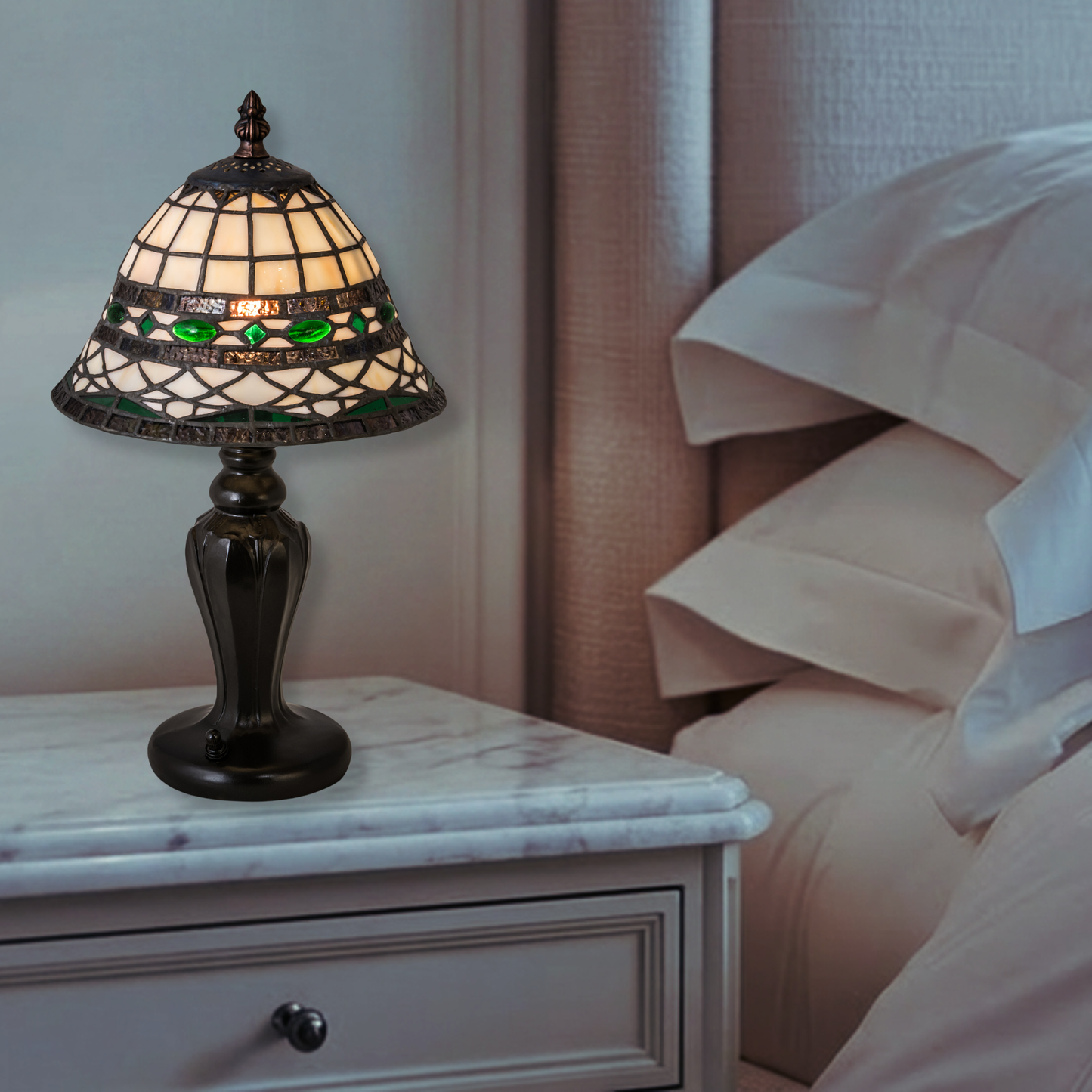 15-inch small tiffany lamp roman on nightstand in bedroom. 