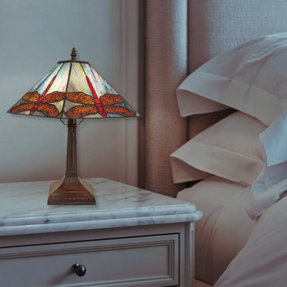15.5-inch Dragonfly Tiffany Light Prairie Accent on nightstand on bedroom