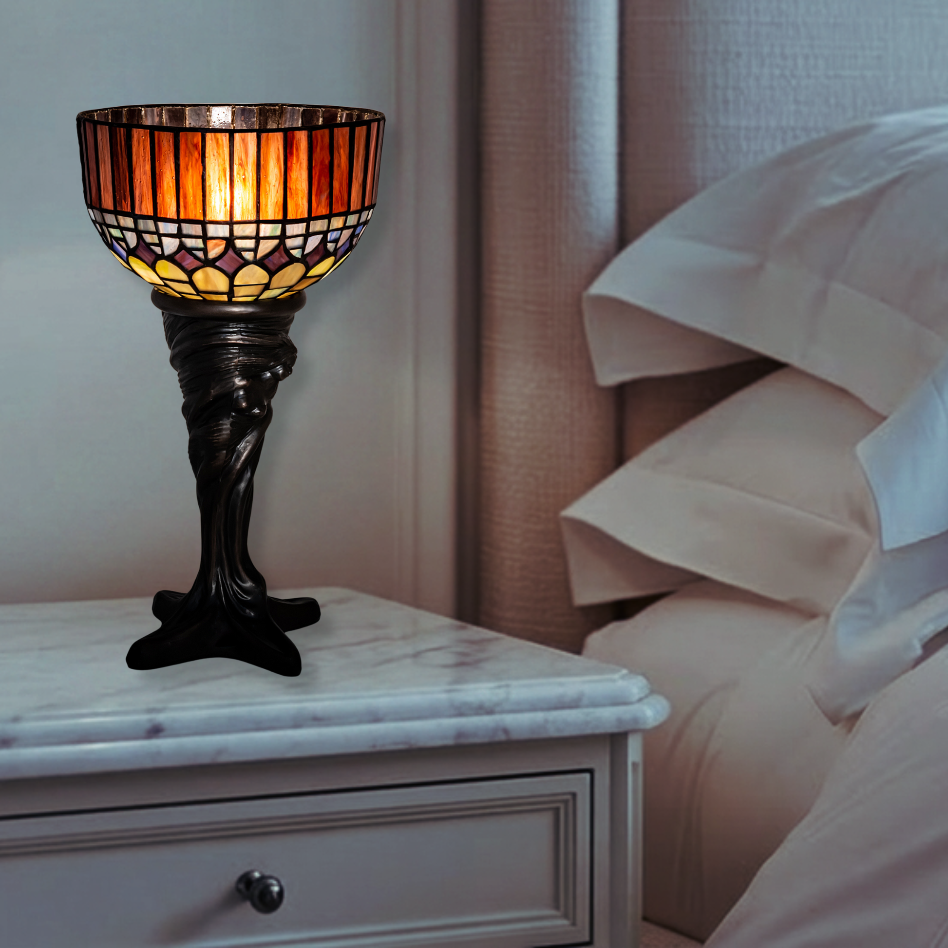 15 inch small tiffany lamp candice on nightstand in bedroom. 