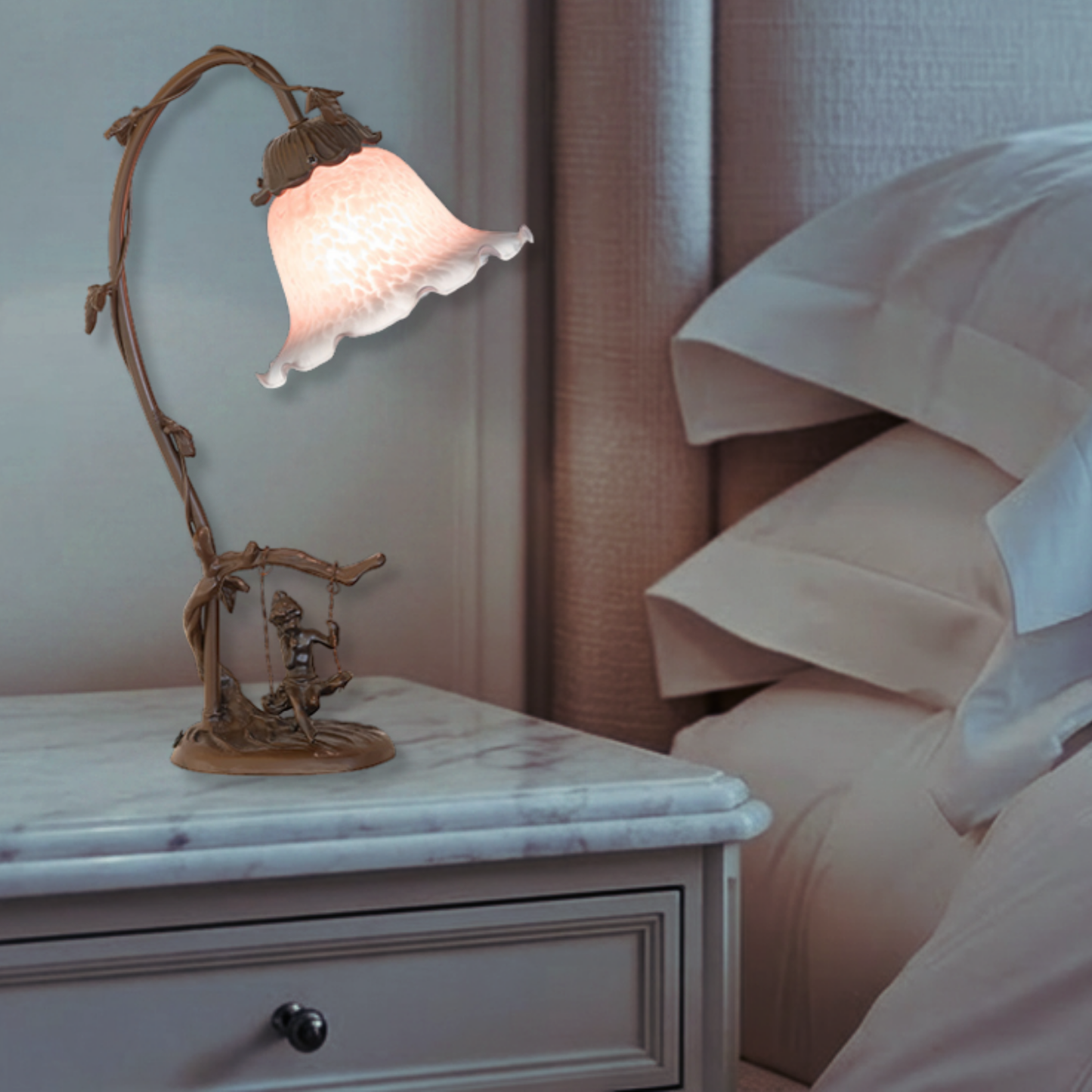  16-inch Flower Tiffany Lamp  Fluted Bell Cherub in bedroom setting
