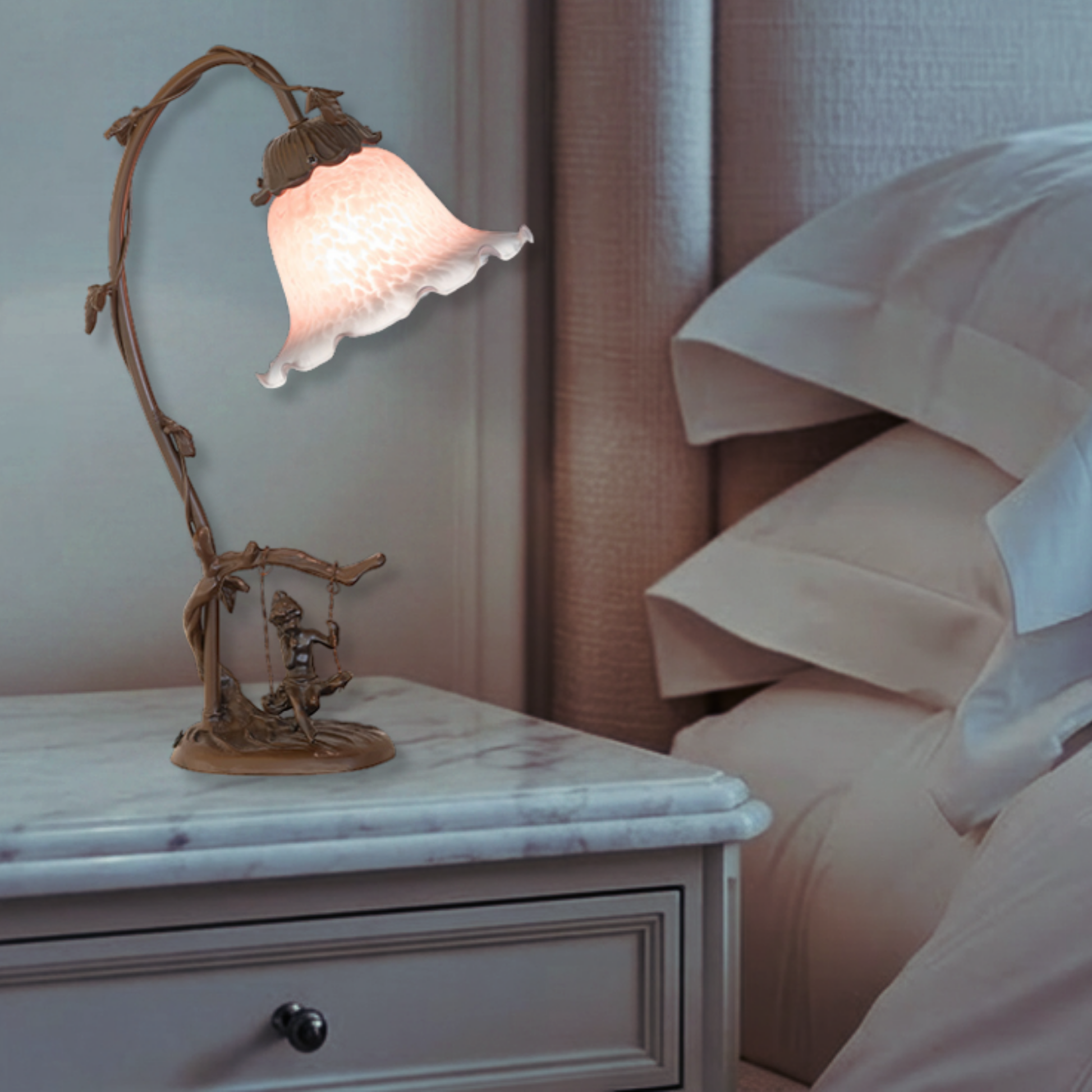  16-inch Flower Tiffany Lamp  Fluted Bell Cherub in bedroom setting