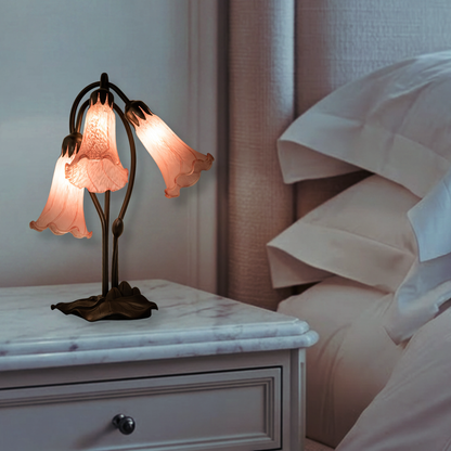 16-inch Flower Tiffany Lamp Pink Pond Lily Accent on nightstand in bedroom