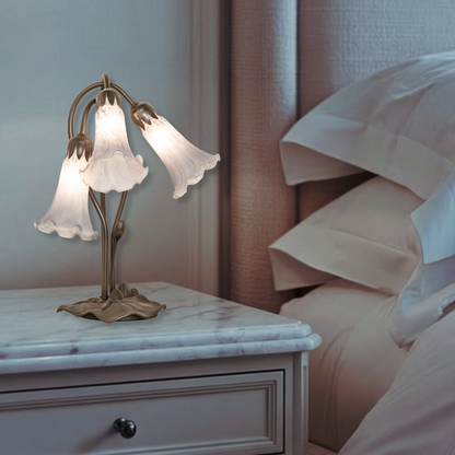 16-inch High Gray Flower Tiffany Lamp Pond Lily Accent on nightstand in bedroom