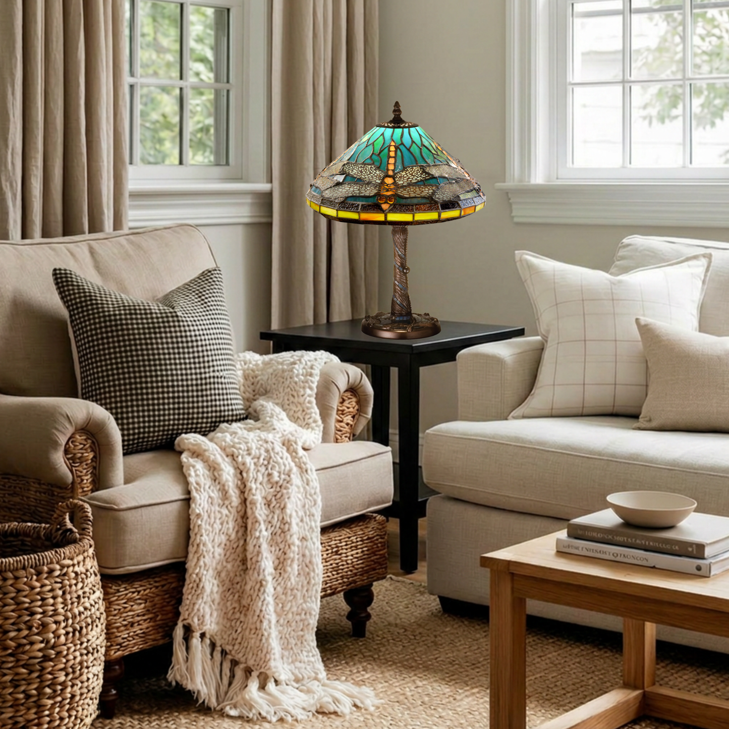 16-inch Tiffany Dragonfly Lamp with Twisted Fly Mosaic Base Accent on end table in living room.