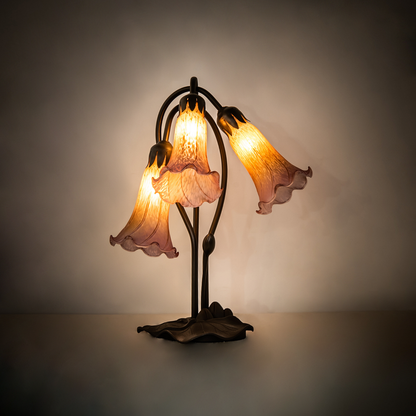 16-inch Tiffany Floral Lamp Amber/Purple Pond Lily Accent on dark background