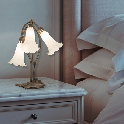 16-inch Tiffany Flower Lamp White Pond Lily Accent. On bedroom nightstand