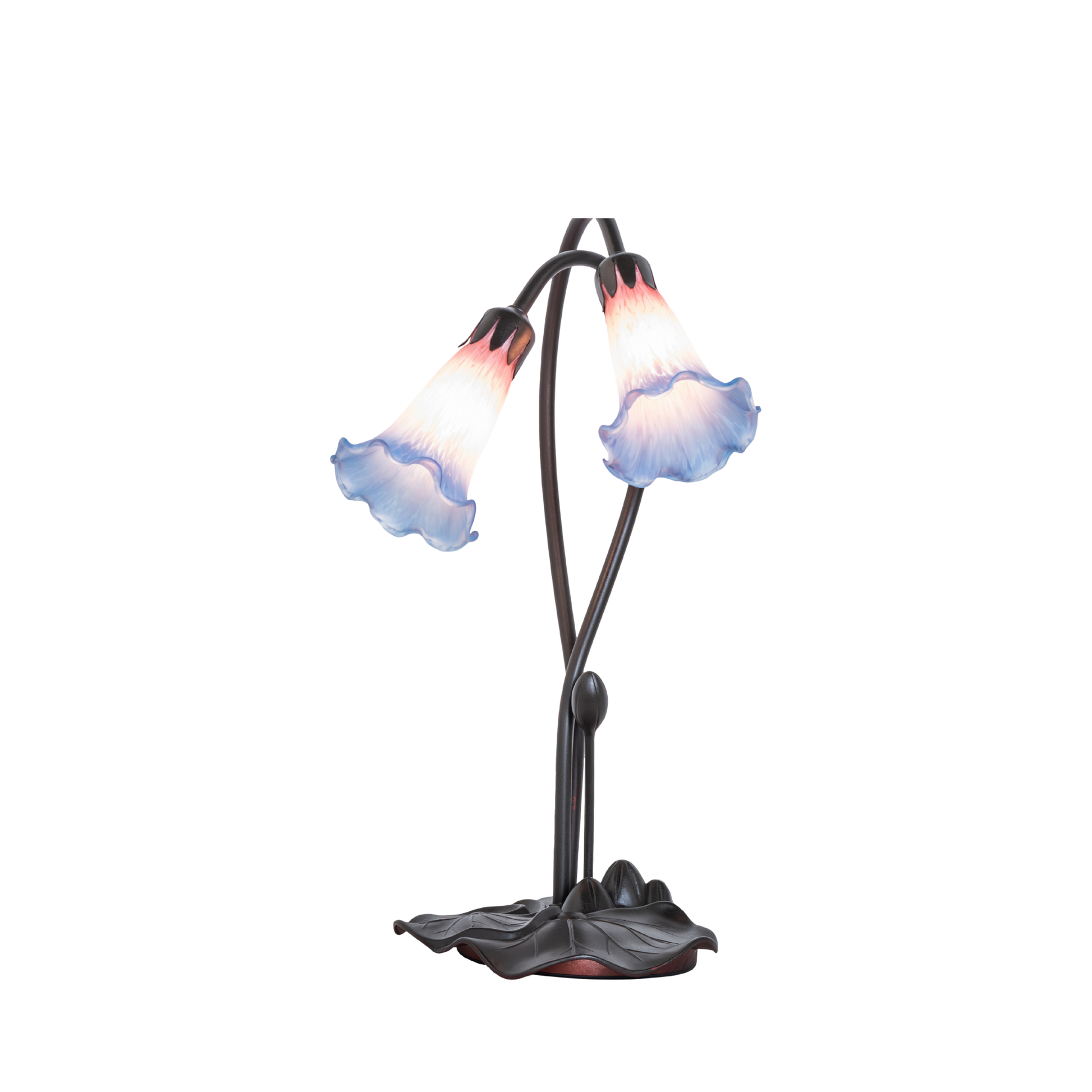 16-inch small tiffany lamp pink blue pond lily. Front view. 