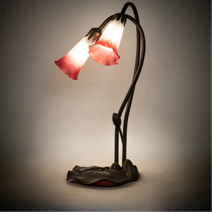 16-inch small tiffany lamp pink pond lily on dark background. 