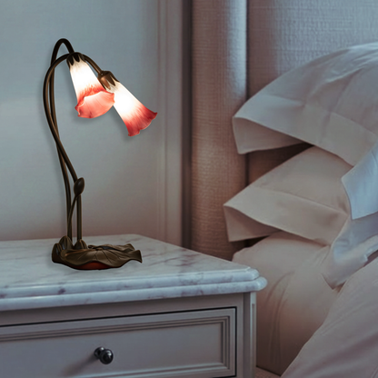 16-inch small tiffany lamp pink pond lily on nightstand in bedroom. 