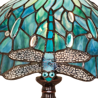 16 Inch Tiffany Table Lamp Dragonfly. Close up glass shade. 