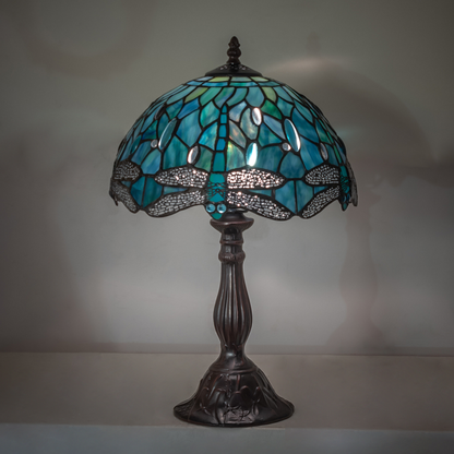 16 Inch Tiffany Table Lamp Dragonfly on dark background.