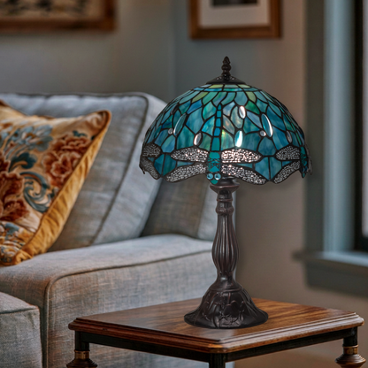 16 Inch Tiffany Table Lamp Dragonfly on end table in living room. 