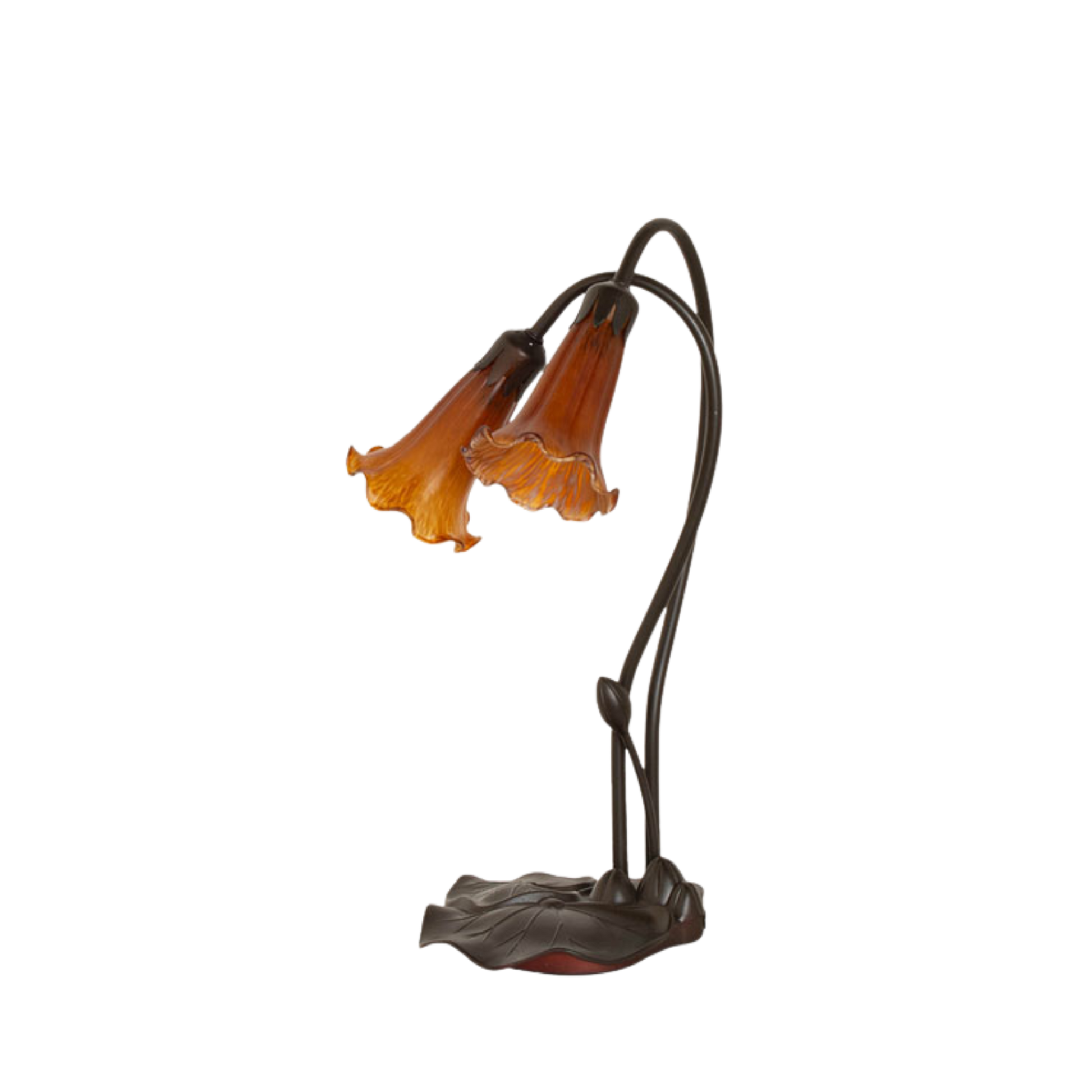 16 inch small tiffany lamp amber pond lily. lamp light off. 