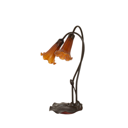 16 inch small tiffany lamp amber pond lily. lamp light off. 