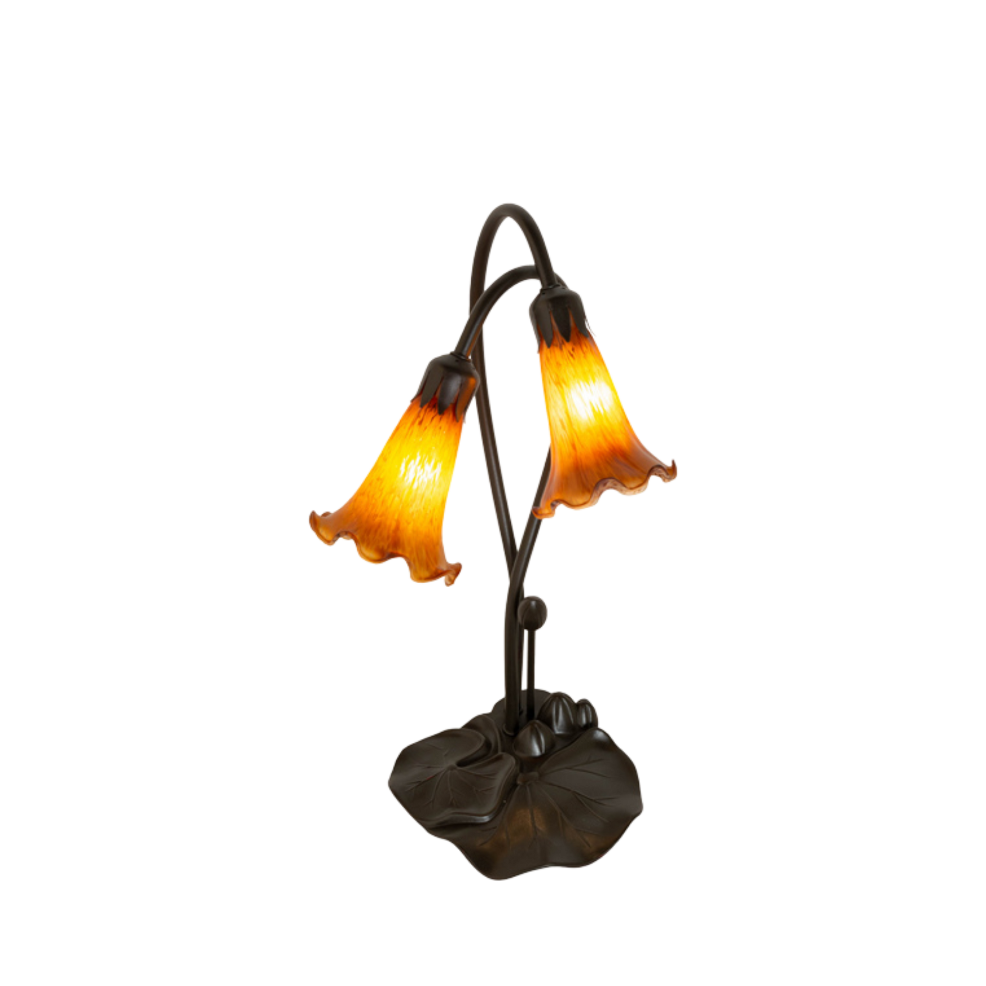 16 inch small tiffany lamp amber pond lily. Front view. 