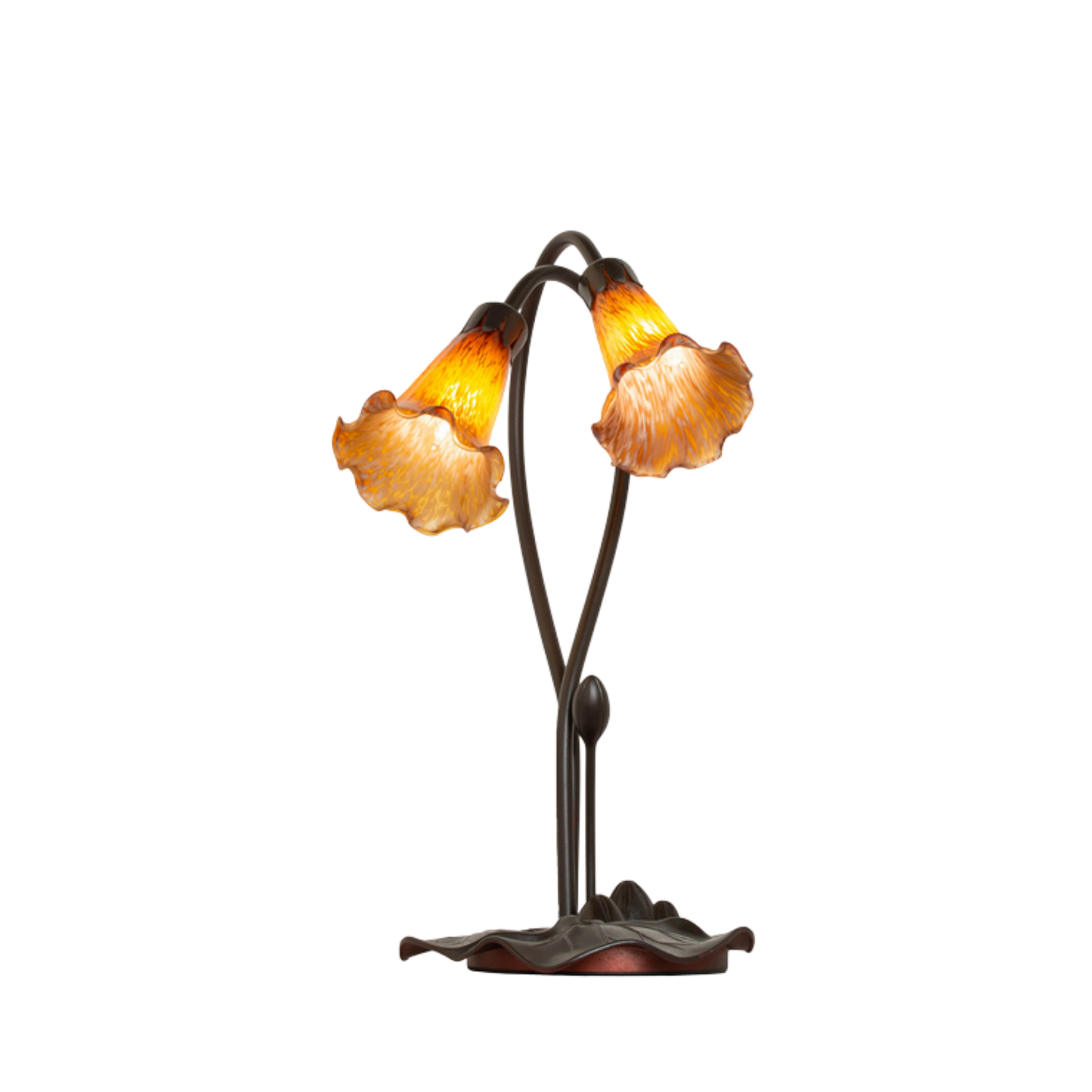16 inch small tiffany lamp amber pond lily. upward angled view. 