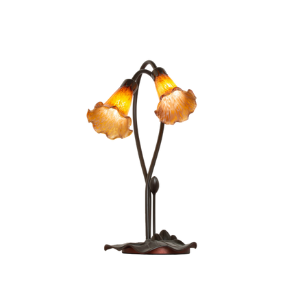16 inch small tiffany lamp amber pond lily. upward angled view. 