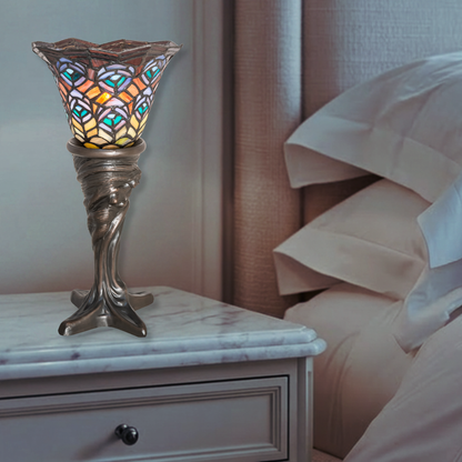 16 inch small tiffany lamp peacock on nightstand in bedroom. 