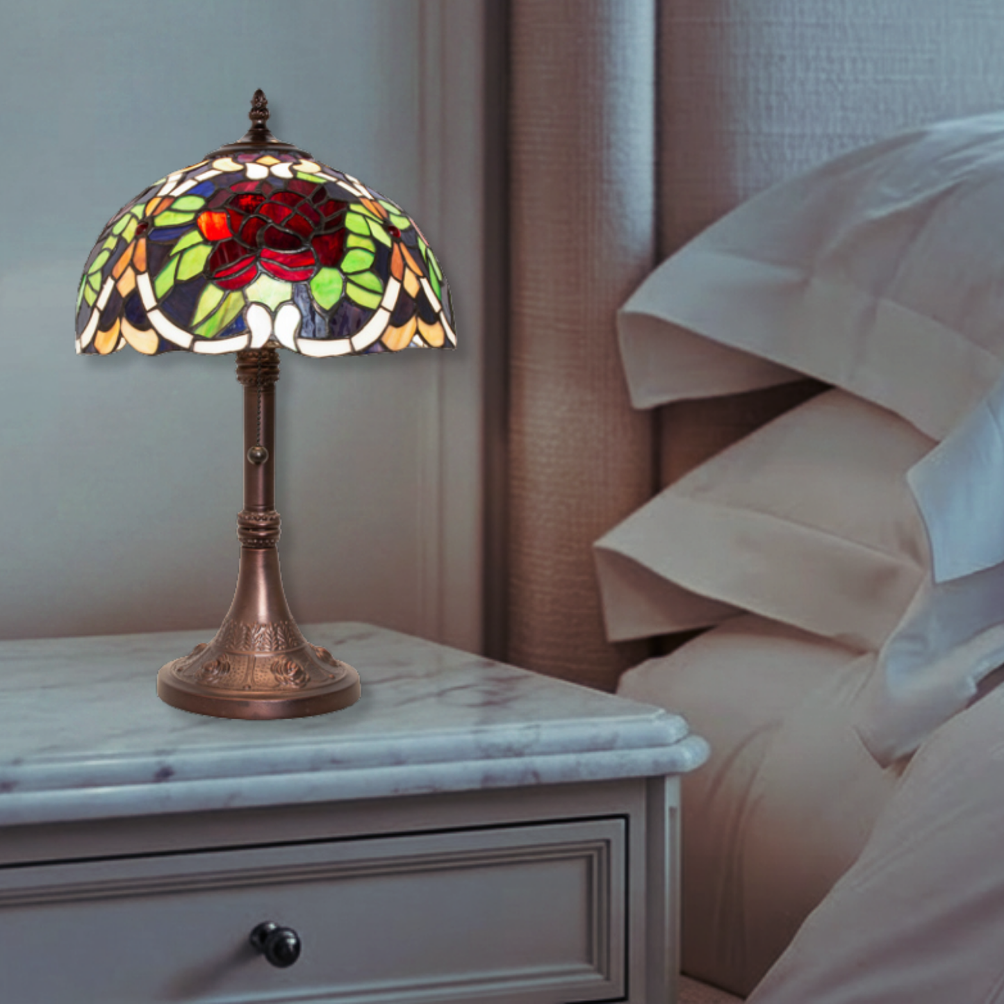 17-inch Rose Tiffany Lamp Renaissance Accent in bedroom nightstand