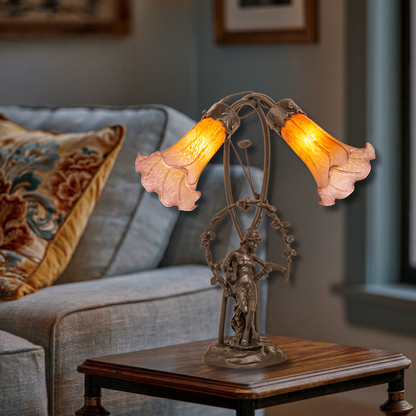 17-inch Tiffany Glass Table Lamp Amber/Purple Pond Trellis Girl Accen on end table in living room. 
