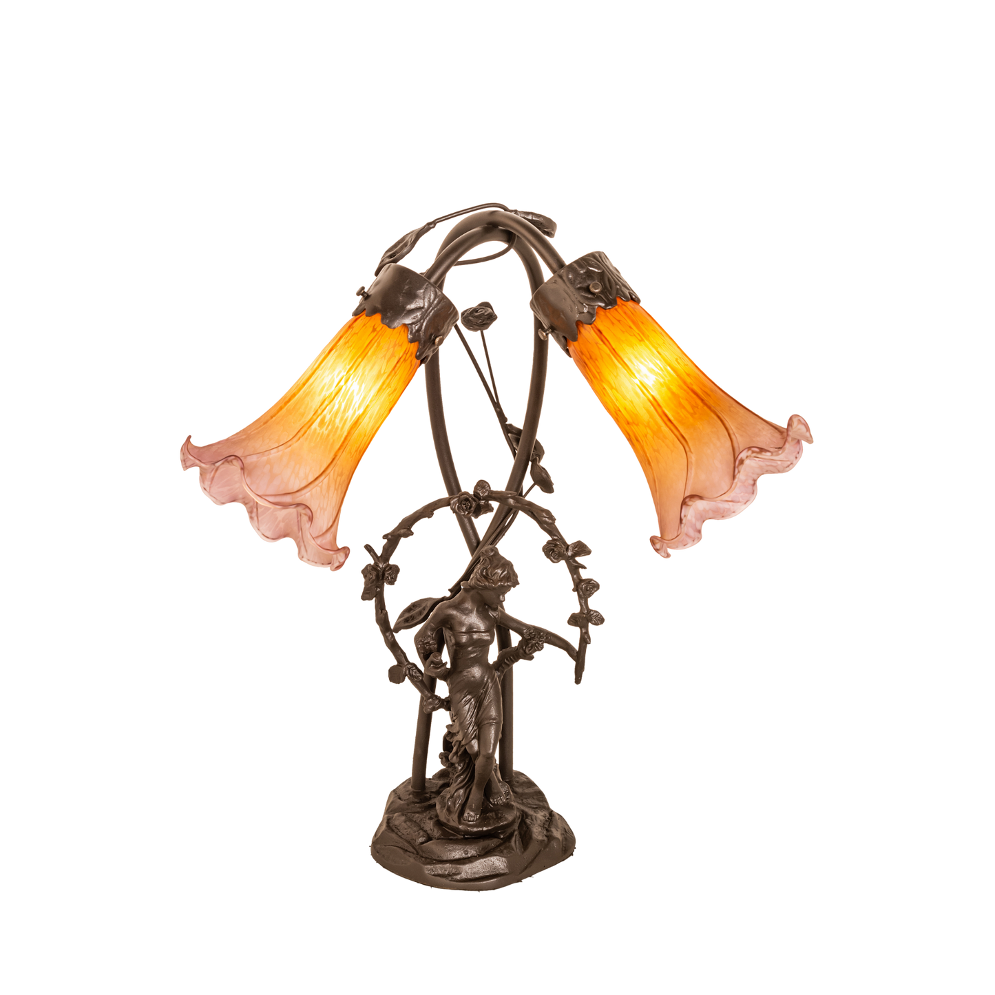 17-inch Tiffany Glass Table Lamp Amber/Purple Pond Trellis Girl Accent with lights on