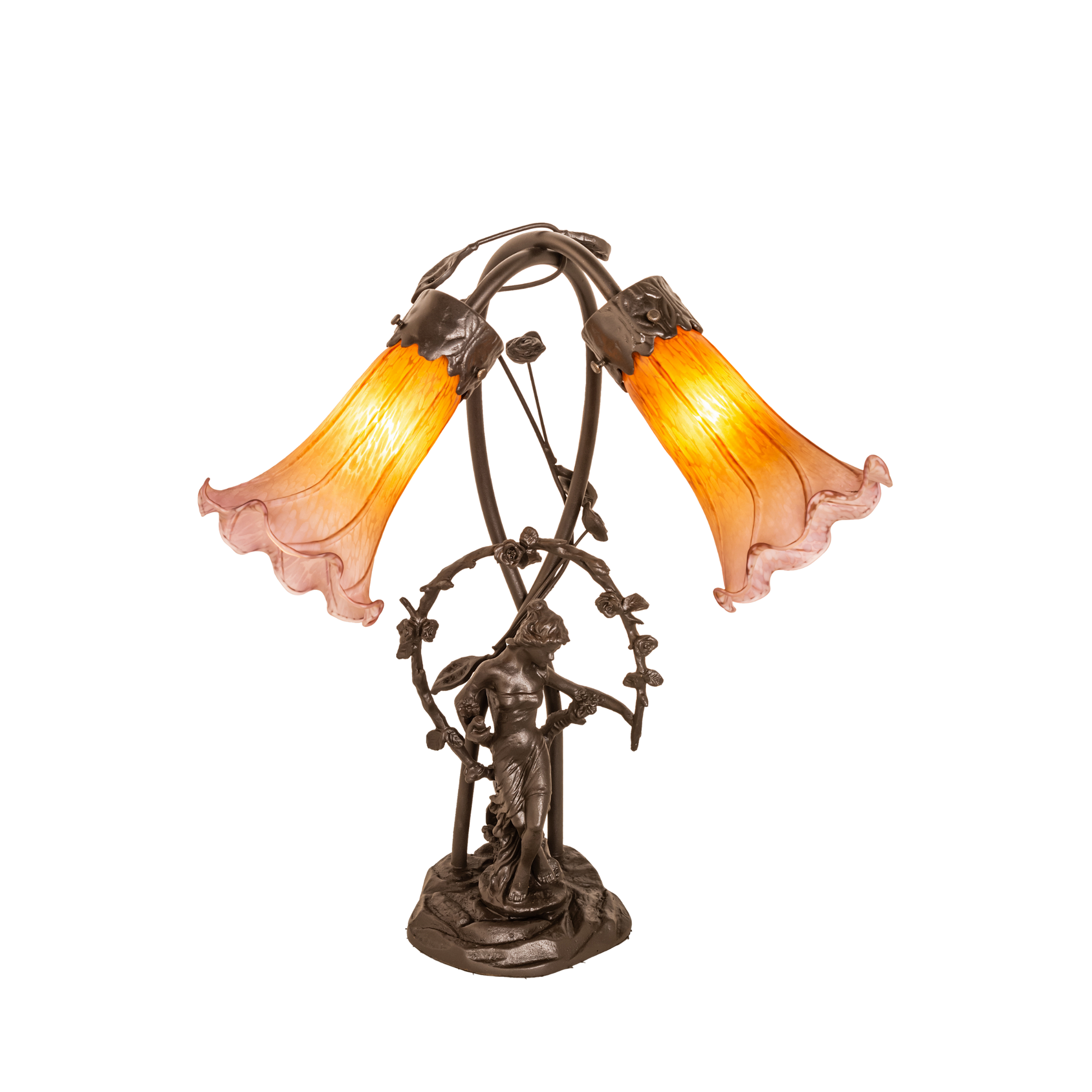 17-inch Tiffany Glass Table Lamp Amber/Purple Pond Trellis Girl Accent with lights on