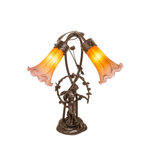 17-inch Tiffany Glass Table Lamp Amber/Purple Pond Trellis Girl Accent with lights on