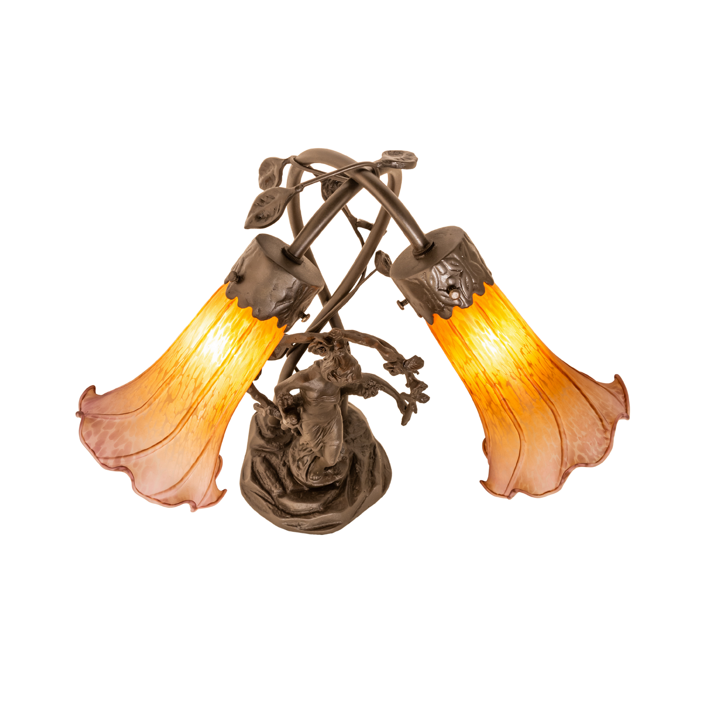 17-inch Tiffany Glass Table Lamp Amber/Purple Pond Trellis Girl Accent. View looking down on lamp. 