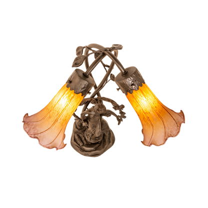 17-inch Tiffany Glass Table Lamp Amber/Purple Pond Trellis Girl Accent. View looking down on lamp. 