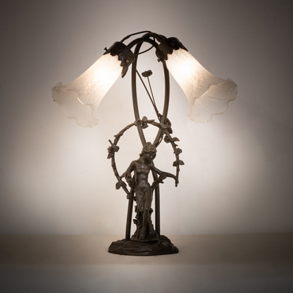17-inch Tiffany Style Table Lamp White Pond Lily Trellis Girl Accent on dark background