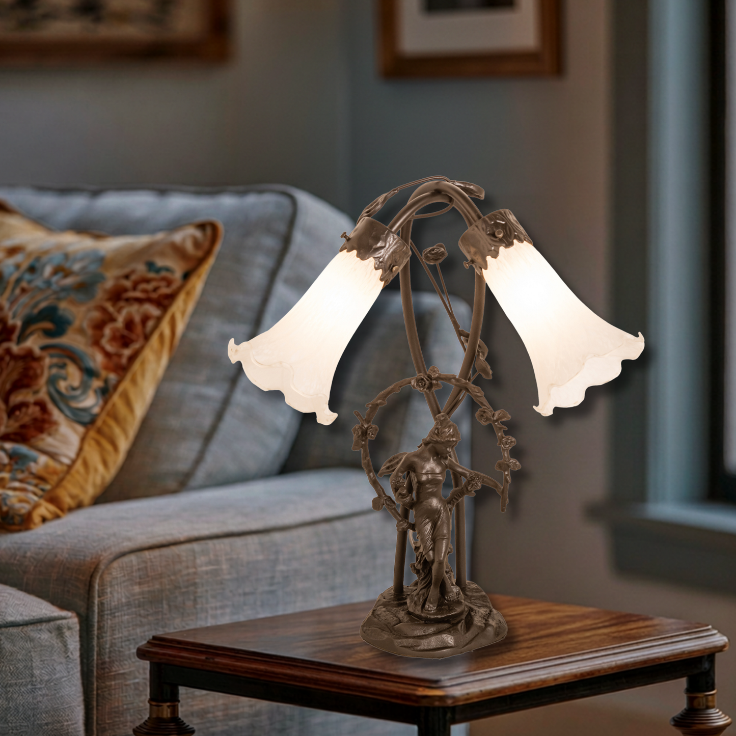 17-inch Tiffany Style Table Lamp White Pond Lily Trellis Girl Accent on end table in living room