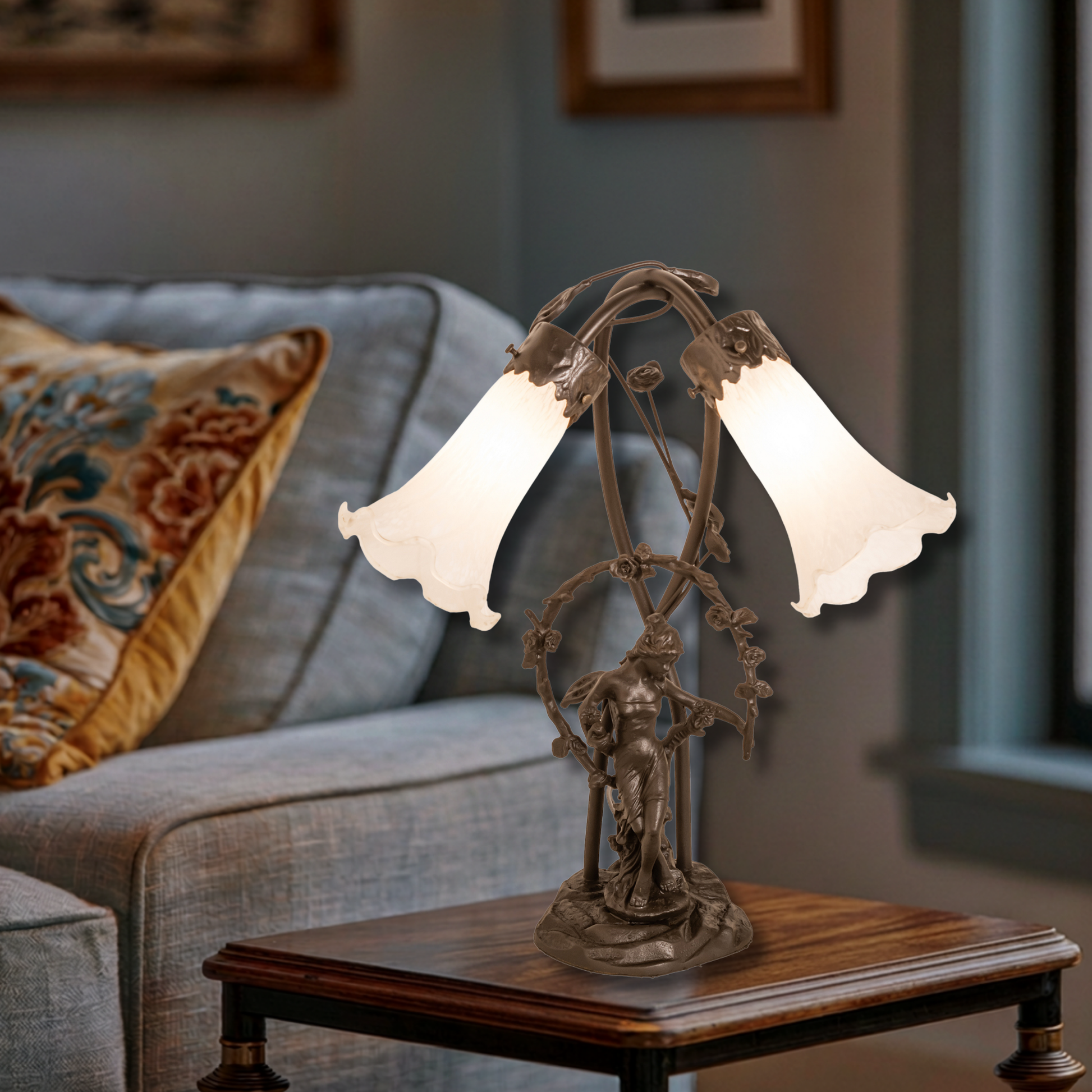 17-inch Tiffany Style Table Lamp White Pond Lily Trellis Girl Accent on end table in living room