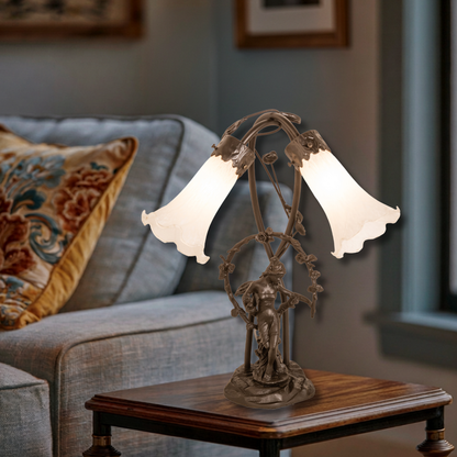 17-inch Tiffany Style Table Lamp White Pond Lily Trellis Girl Accent on end table in living room