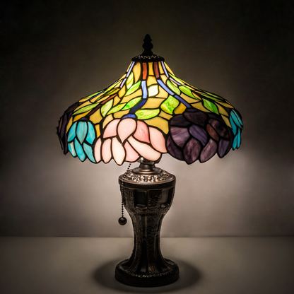 17-inch Tiffany Table Lamp 17 inch Wisteria on dark background. 