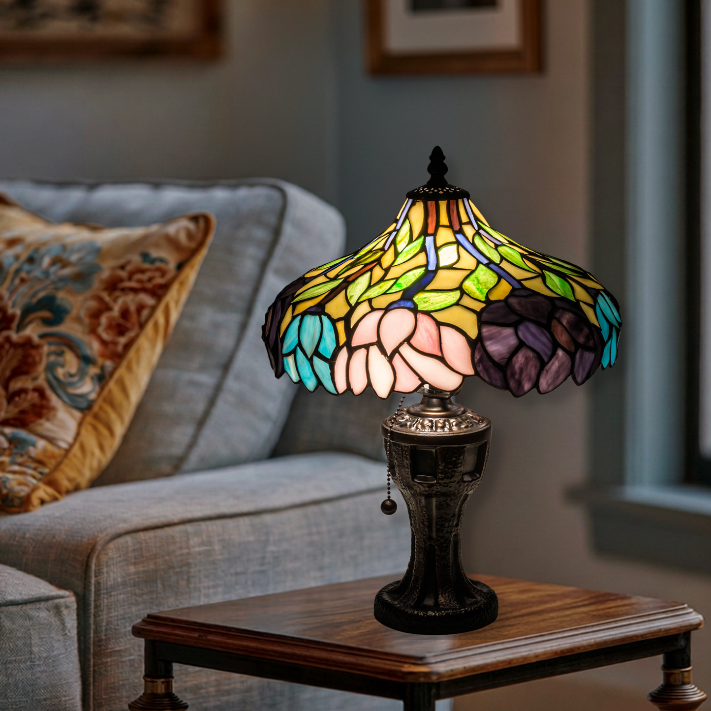 17-inch Tiffany Table Lamp 17 inch Wisteria on end table in living room.