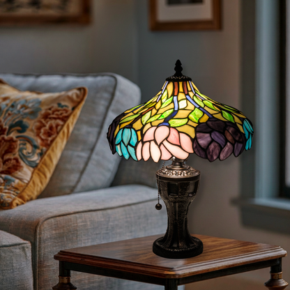17-inch Tiffany Table Lamp 17 inch Wisteria on end table in living room.