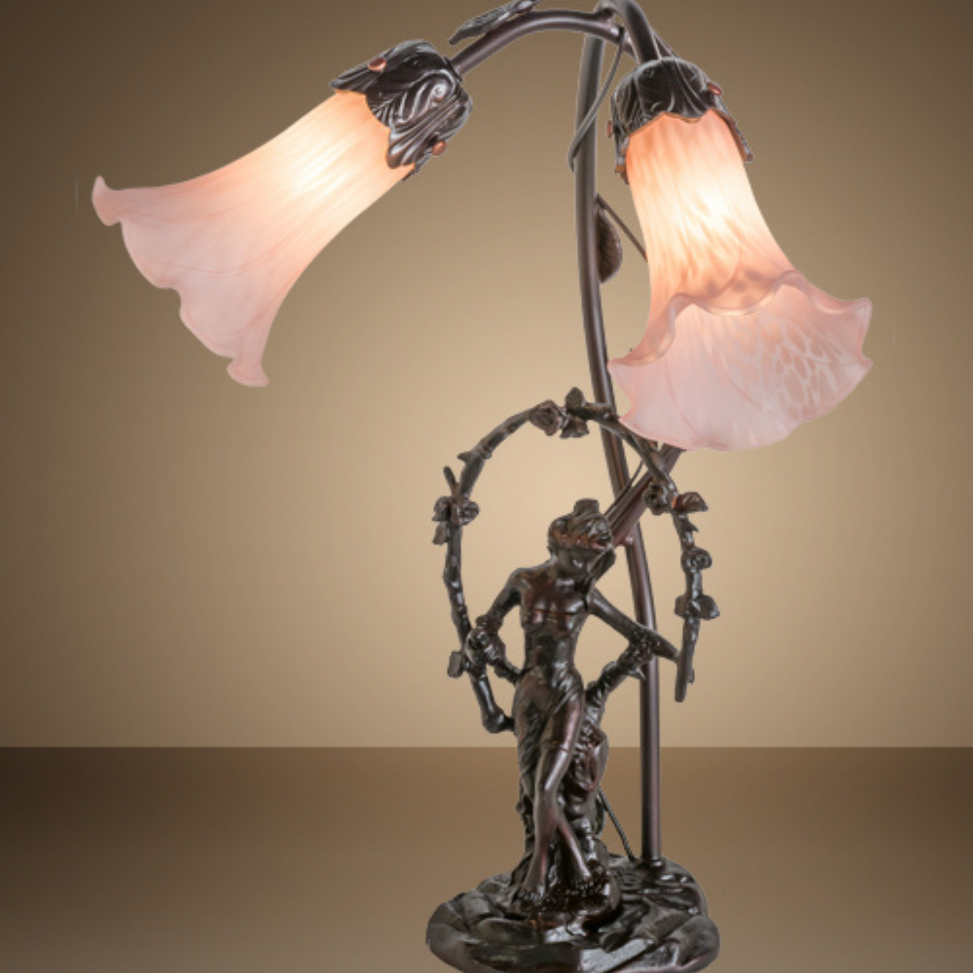 17-inch Tiffany Table Lamp Pink Pond Lily on dark background.