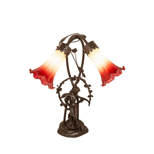 17-inch Tiffany Table Lamp Seafoam/Cranberry Pond Lily Trellis Girl Accent by Meyda Lighting