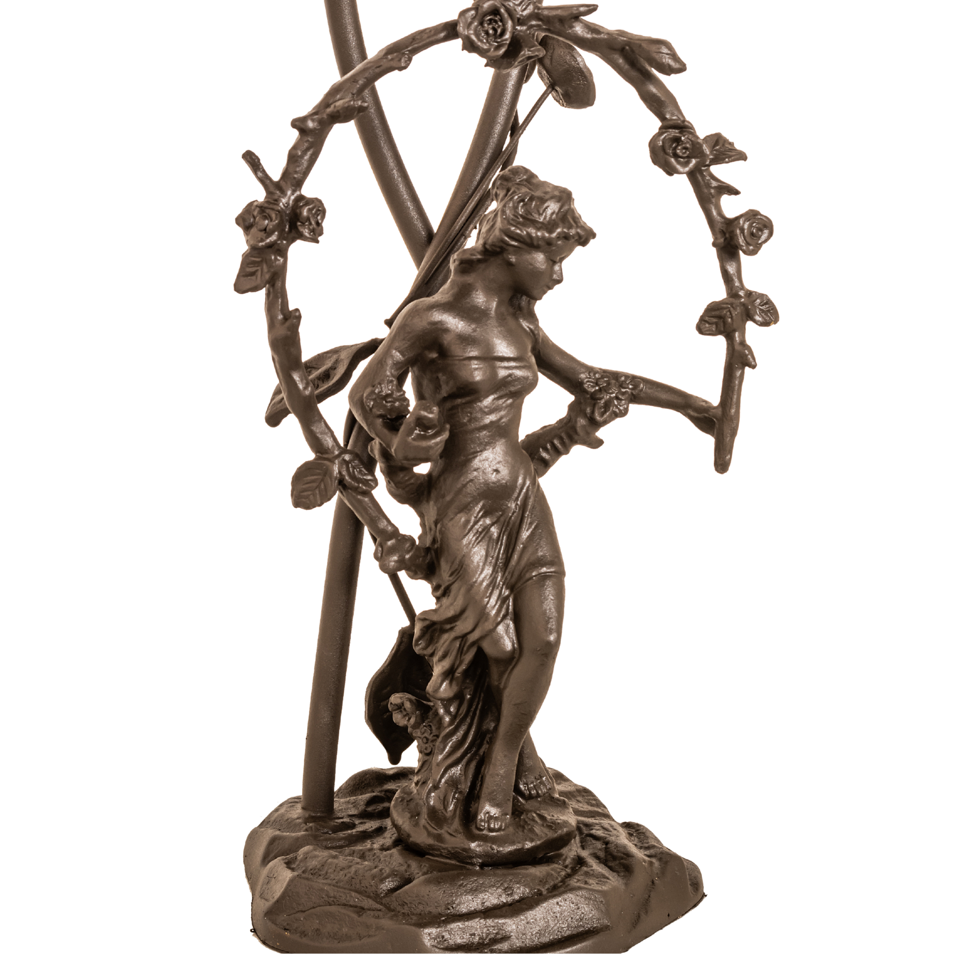 17-inch Tiffany Table Lamp Seafoam/Cranberry Pond Lily Trellis Girl Accent closeup of base