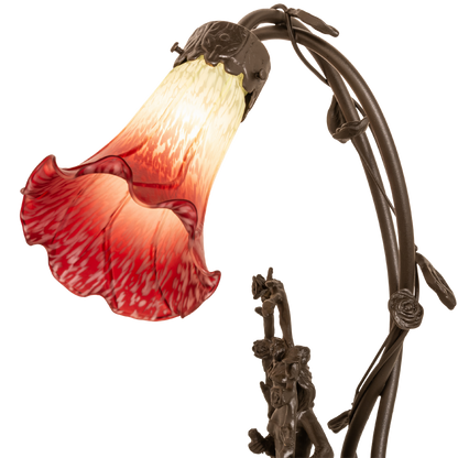 17-inch Tiffany Table Lamp Seafoam/Cranberry Pond Lily Trellis Girl Accent closeup of shade