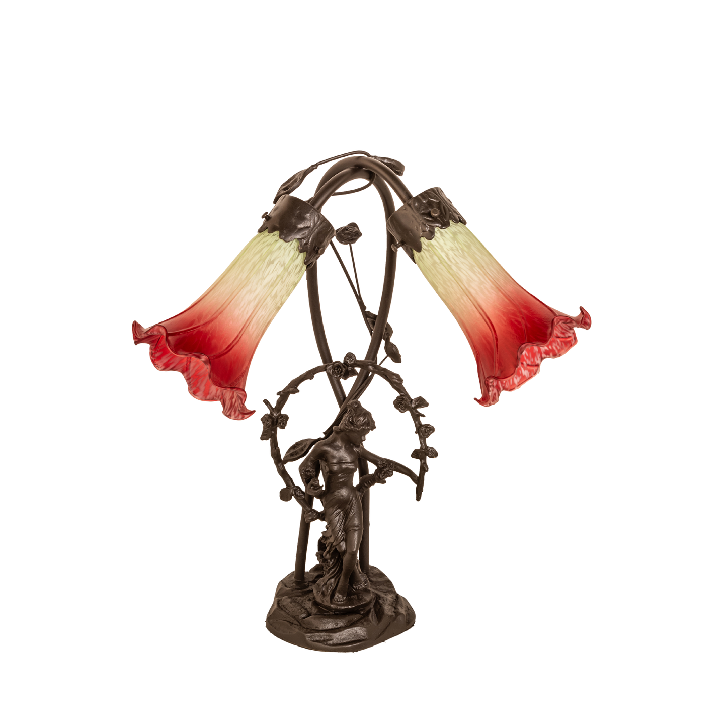 17-inch Tiffany Table Lamp Seafoam/Cranberry Pond Lily Trellis Girl Accent lights off