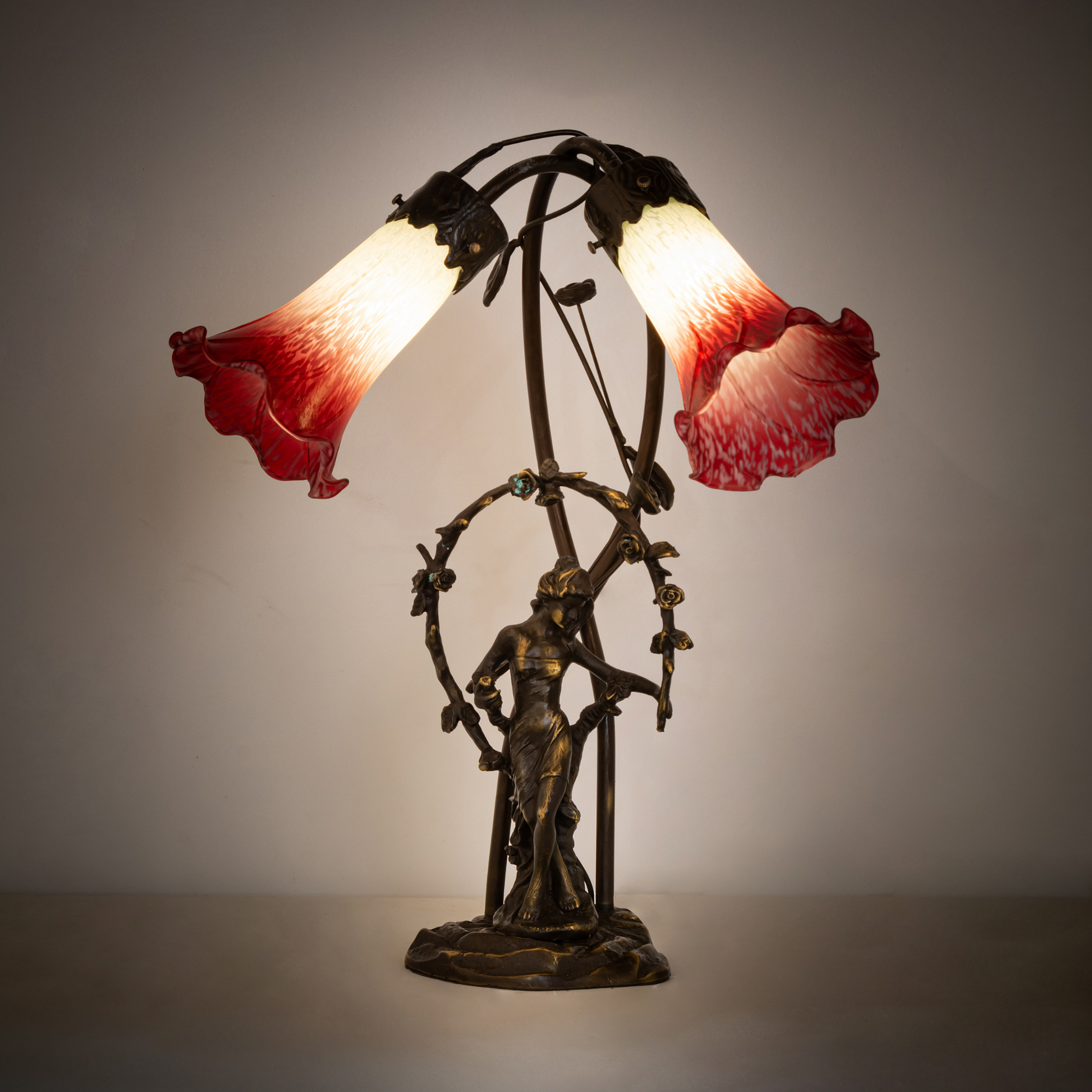 17-inch Tiffany Table Lamp Seafoam/Cranberry Pond Lily Trellis Girl Accent on dark background