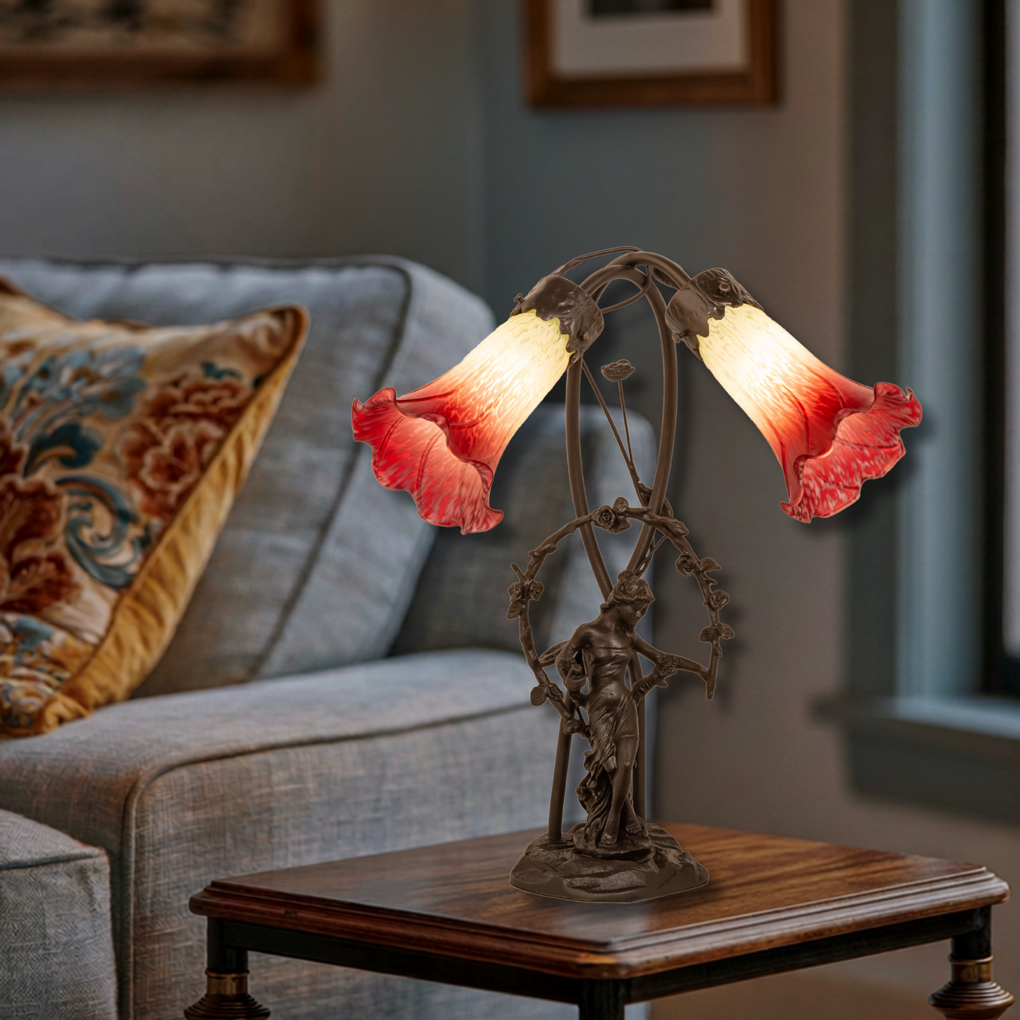 17-inch Tiffany Table Lamp Seafoam/Cranberry Pond Lily Trellis Girl Accent on end table in living room