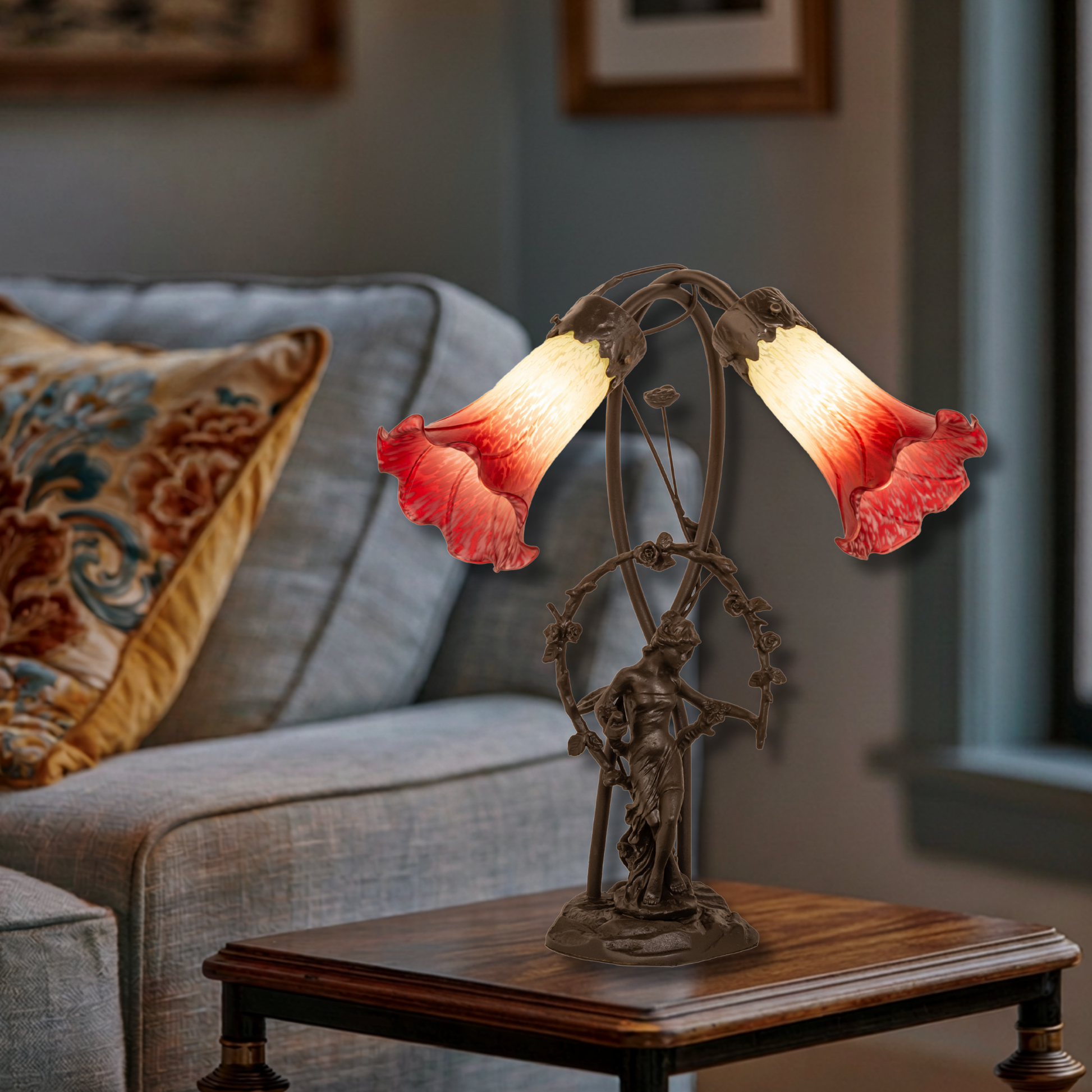 17-inch Tiffany Table Lamp Seafoam/Cranberry Pond Lily Trellis Girl Accent on end table in living room