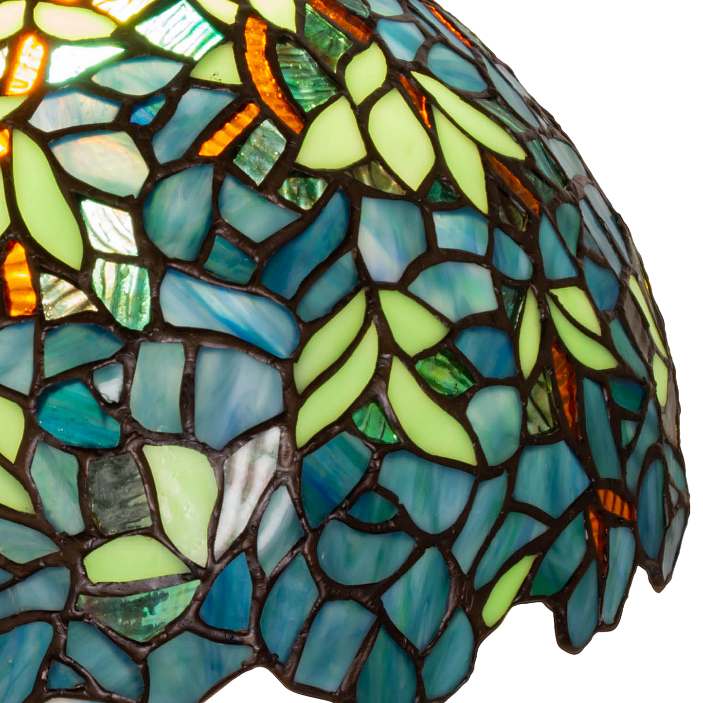17-inch Tiffany Table Lamp Wisteria Nightfall. Close up of glass shade. 