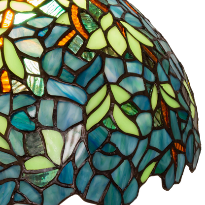 17-inch Tiffany Table Lamp Wisteria Nightfall. Close up of glass shade. 